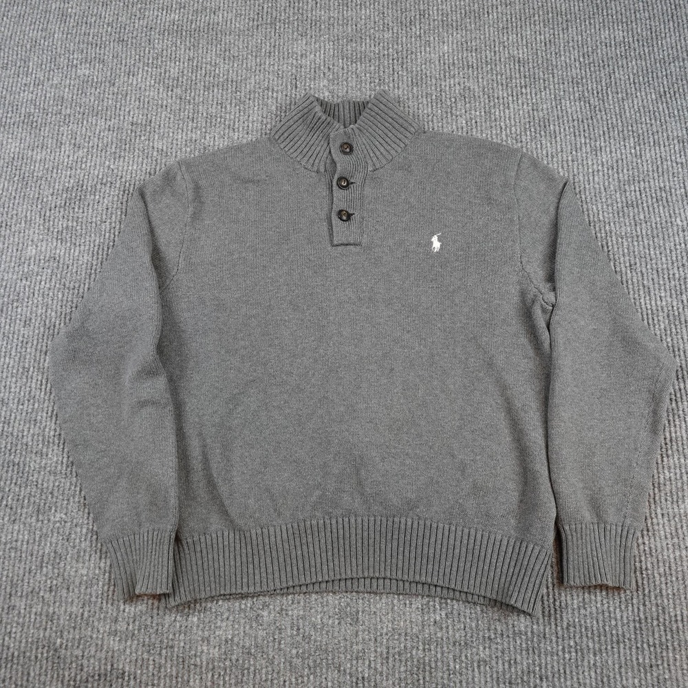 Polo Ralph Lauren Sweater Mens Large Gray Henley Mock Neck Pony Logo Pullover